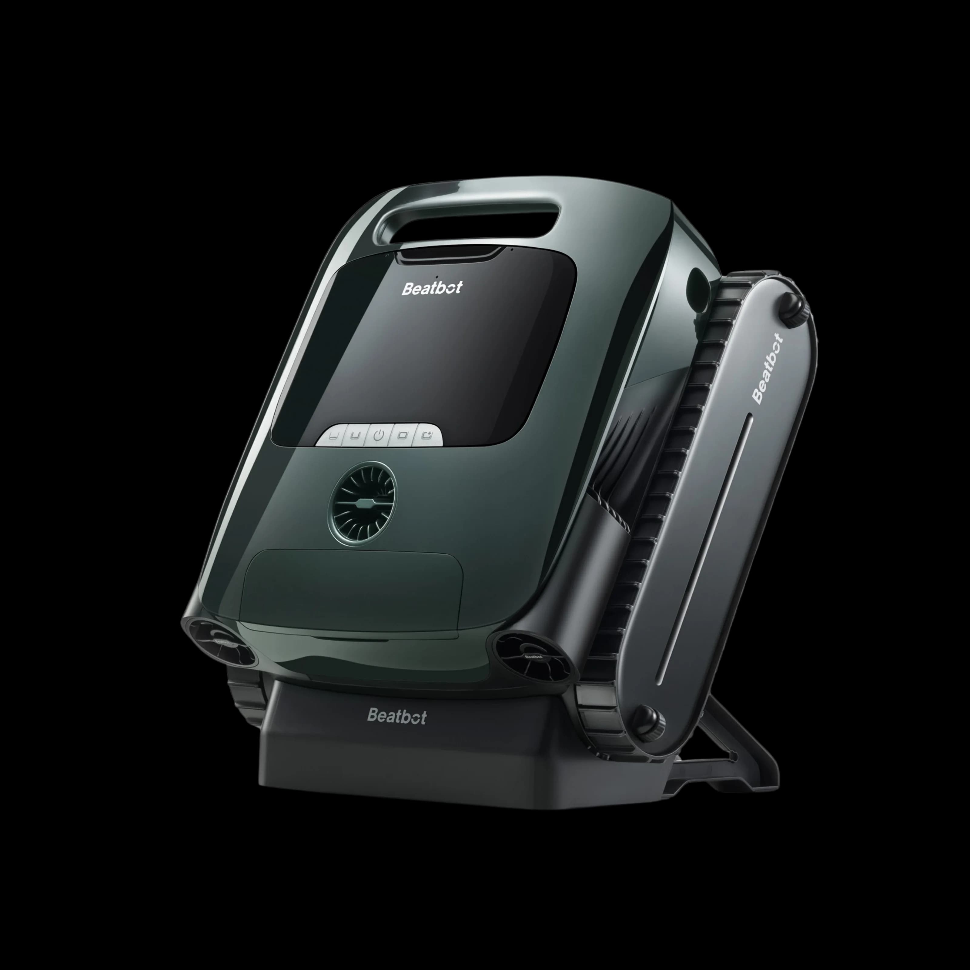 Dark green Beatbot AquaSense 2 Pro pool-cleaning robot on its stand