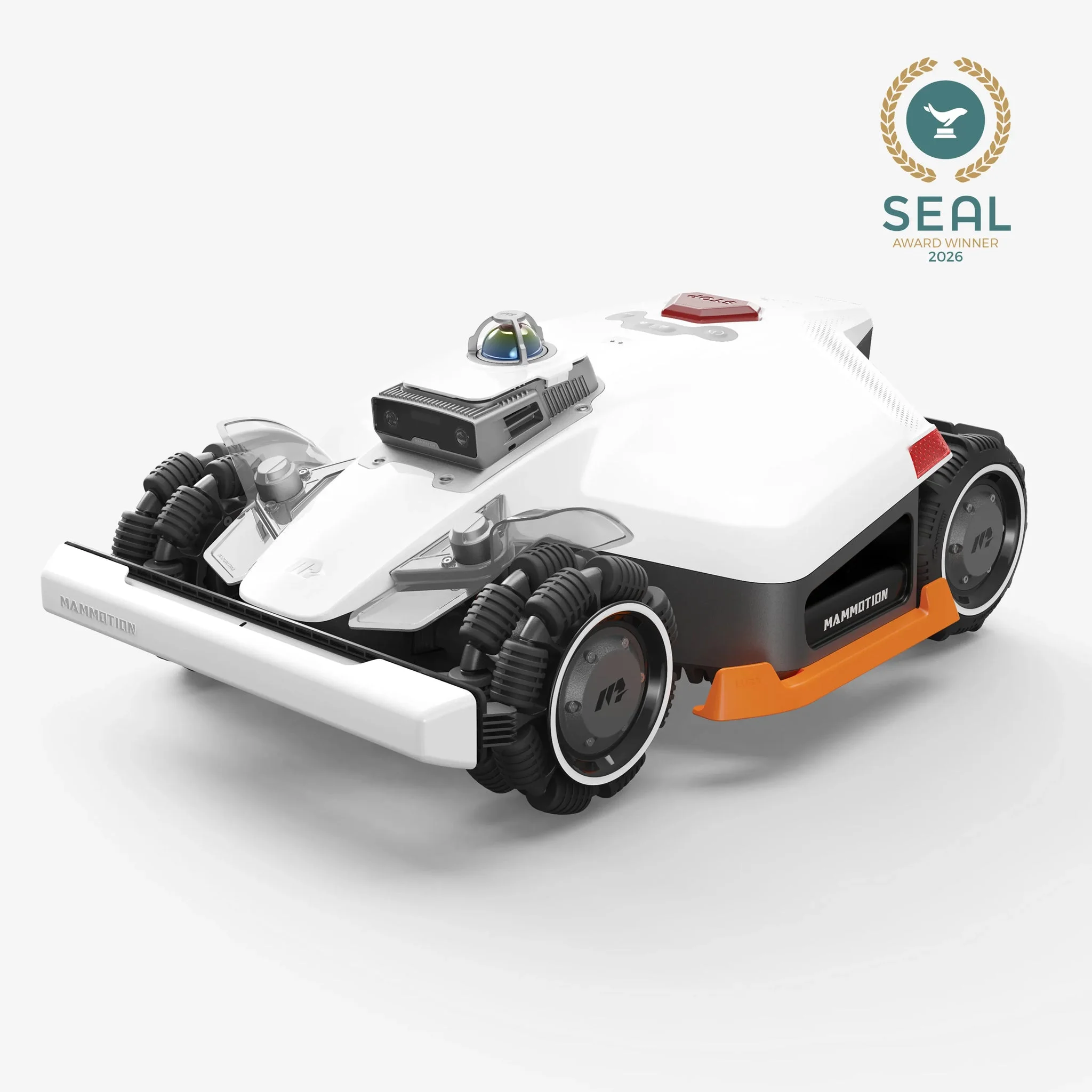 White and orange Mammotion LUBA 3 AWD robotic mower